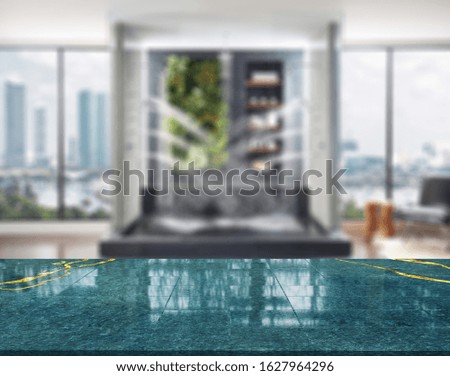 Empty marble top table with blurred bathroom interior Background. for product display montage