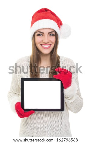 Happy young Caucasian woman showing tablet computer blank screen. Isolated white tablet screen and background.