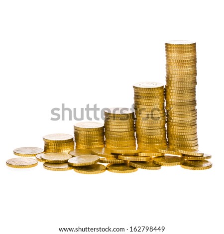 Columns of golden coins isolated on white background