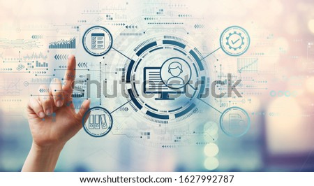 Document management system concept with hand pressing a button on a technology screen