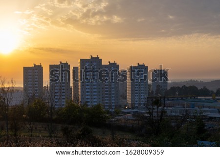 City landscape with sunset background. Sukhumi, Abkhazia