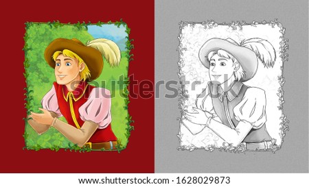cartoon scene with prince king on the meadow with sketch illustration for children