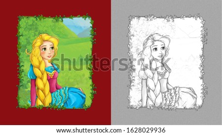 cartoon scene with princess queen on the meadow with sketch illustration for children