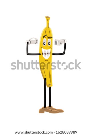 Vector illustration of a banana like a cartoon character, with an expressive face, arms, and legs. The character is standing, smiling and is showing his muscles in a gesture of strength.