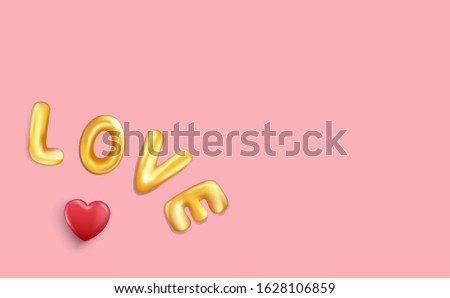 Golden love balloon lettering with 3D red heart on pink background. Concept for valentine’s day greeting card template, banner, postcard or surprise sale voucher in vector illustration