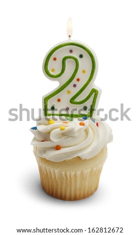 Cupcake with a Number Two Candle Isolated on White Background.