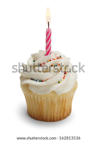 Cupcake with Pink Candle Isolated on White Background.