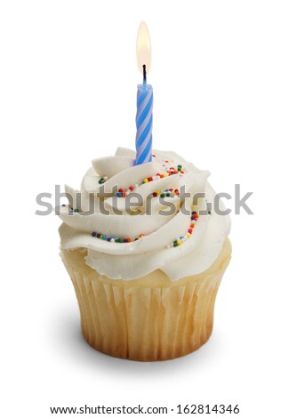 Cupcake with Blue Candle Isolated on White  Background.