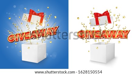 White open gift box with Giveaway word, gold serpentine and confetti explosion, vector isolated illustration. Giveaway winner concept for promo banner, poster etc.