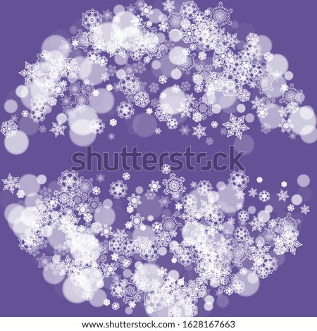 Snowflake banner with ultra violet snow. New Year backdrop. Winter frame for flyer, gift card, invitation, business offer and ad. Christmas trendy background. Holiday banner with snowflake banner