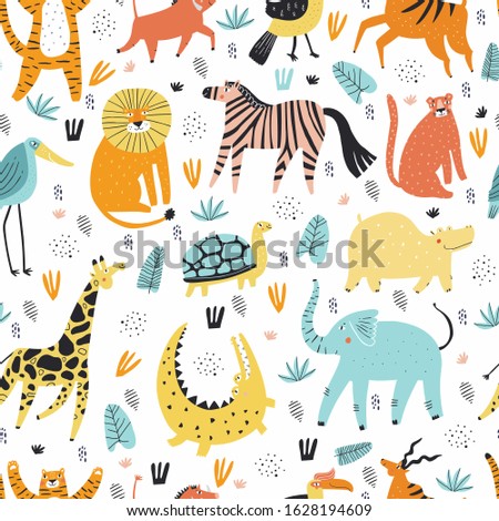 Wild African animals flat vector seamless pattern