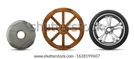Wheels evolution from primitive stone ring, ancient wooden to modern car tire with disk. History of transport wheels. Vector set of old and new invention isolated on white background Royalty-Free Stock Photo #1628199607