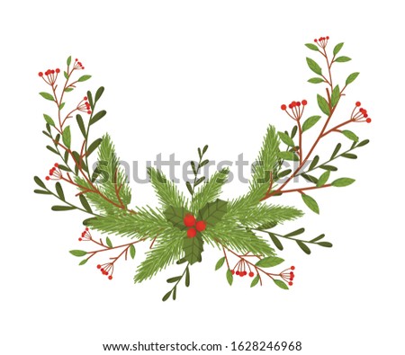 Christmas Decorative Floral Elements with Berries and Fir Tree Twigs Vector Illustrated Item