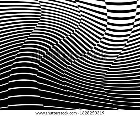  Abstract 3d background with optical illusion wave. Black and white horizontal lines with wavy distortion effect for prints, web pages, template, posters, monochrome backgrounds and