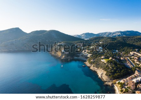Aerial view of the houses on the hill in Camp de Mar, Mallorca, Spain