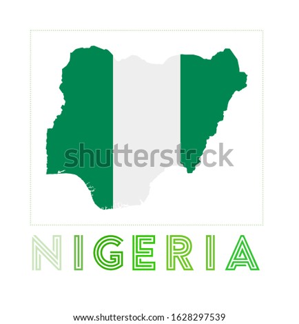 Nigeria Logo. Map of Nigeria with country name and flag. Artistic vector illustration.
