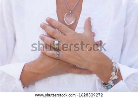 Wellbeing Coach, Middle Aged Woman Practicing Mindful Acceptance Meditation. Positive Mindset Concept Royalty-Free Stock Photo #1628309272