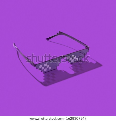 Pixel computer glasses on a purple background with hard shadows. Protection eyes from harmful artificial blue light emitted from computers screens, and TV.