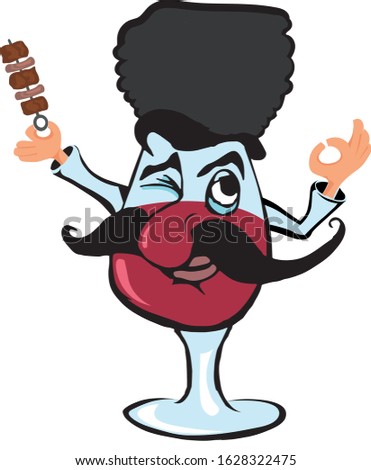 Georgian men.Man with a barbecue.Georgian cuisine. Georgian character glass of wine man with a barbecue. Georgian man with a barbecue. Glass of wine man. Isolated on a white background