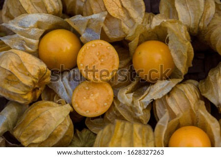 Pile of cape gooseberry on sale in the market. Physalis Fruits  on a black basket background. Gape gooseberries and natural background. Cape gooseberry in a basket.