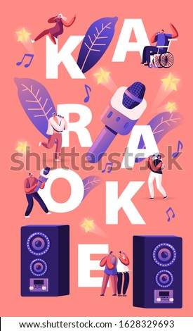 Happy Friends Having Fun Singing at Karaoke Bar Concept. Tiny People near Huge Dynamics and Microphone Having Party Event Celebration Poster Banner Flyer Brochure. Cartoon Flat Vector Illustration