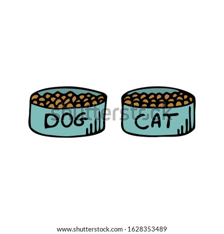 Hand drawn bowls of cat and dog food isolated on a white background. Doodle, simple outline illustration. 