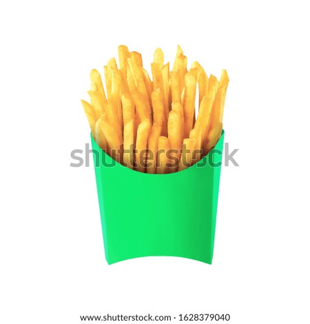 French fries in colorful paper box on white background.