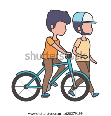 young man riding bike and man walking characters vector illustration