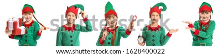 Collage with little children in costumes of elves on white background