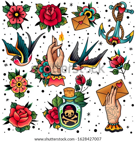 Tattoo icons pack. Old school traditional flash colored style. Swallow, rose, heart, hands, flowers, anchor, skull, bottle with potion isolated symbols.  Vector illustration Royalty-Free Stock Photo #1628427007