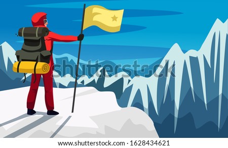 Climber in uniform with flag on snowed mounts peak. Happy man climber reached mounts summit enjoying picturesque natural view on snow-covered cliffs. Highest point. Vector flat illustration