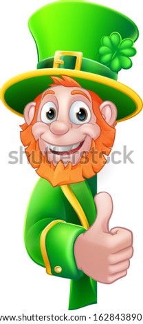 A St Patricks Day design with a Leprechaun cartoon character peeking around a sign and giving a thumbs up