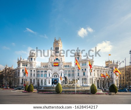 Madrid city hall under a blue sky with clouds, Spain