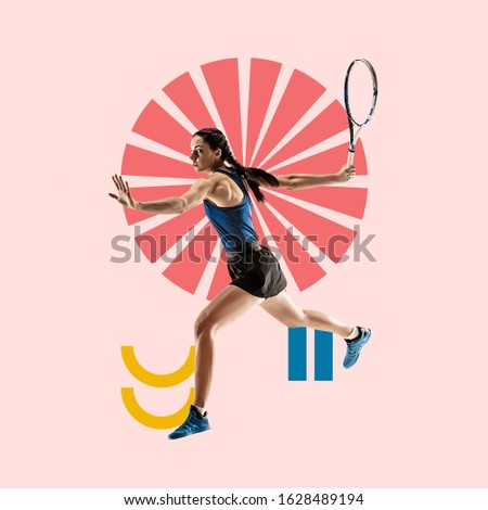 Creative sport and geometric style. Tennis player in action, motion on pink background. Negative space to insert your text or ad. Modern design. Contemporary colorful and bright art collage.