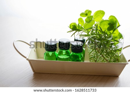 Medicinal glass bottle, aromatherapy, aroma oil, herb plant taken on white background