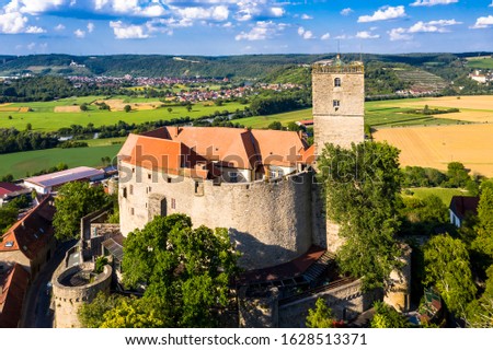 Aerial view, Guttenberg Castle, Hassmersheim, Odenwald, Baden-Württemberg, Germany Royalty-Free Stock Photo #1628513371