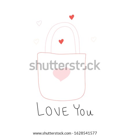  Happy Valentine's day bag with a heart of love hand-drawn text and doodle. Calligraphy font on white background. Vector illustration, Pink, red black