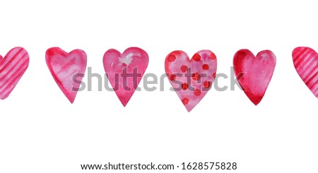 Hand painted Watercolor Seamless banner of hearts. Valentine's day decorations.Perfect for cards, washi-tapes, web design, wrapping paper or textile
