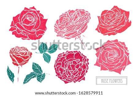 Decorative hand drawn rose flowers set, design elements. Can be used for cards, invitations, banners, posters, print design. Floral background in line art style