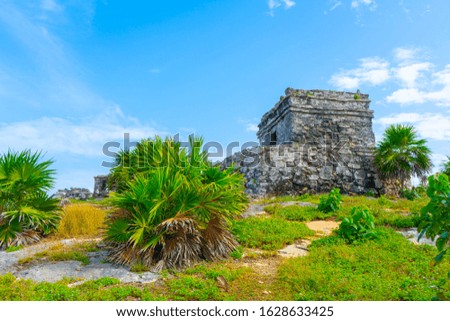 Ruins of ancient Tulum. Architecture of ancient maya. View with temple and other old buildings, houses. Blue sky and lush greenery of nature. travel photo. Wallpaper or background. Yucatan. Mexico.