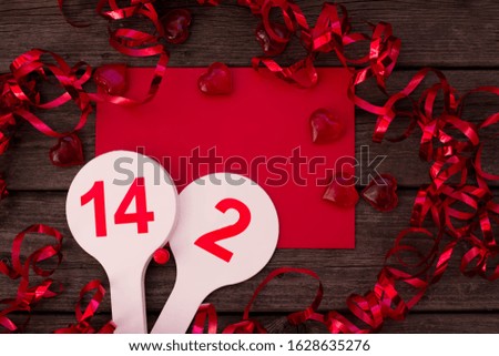 14 February ! Happy Valentine's Day. Design for background, space for copying. Red envelope, numbers, heart souvenir.