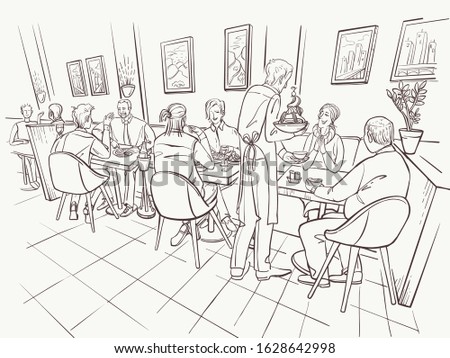 Family dinner. People are talking and eating in a cafe or a bistro of the city . Love date or business meeting are in a restaurant. The waiter brought the order. Vector illustration is in sketch style