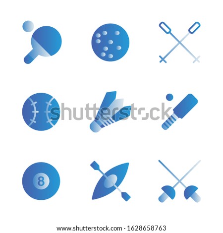 Sport icon set outline style including ping pong, ski, baseball, badminton, cricket, billiard, kayak