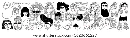 Big set of people avatars for social media, website. Doodle portraits fashionable girls and guys. Trendy hand drawn icons collection. Black and white vector illustration Royalty-Free Stock Photo #1628661229