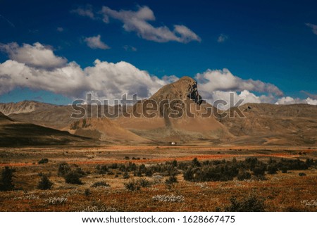 Wonderful landscape in Iceland (Europe) Travel to the reserve. Northern nature, beautiful views.  Small, white house on a background of rocks. Summer in the north. Bright sunny day.