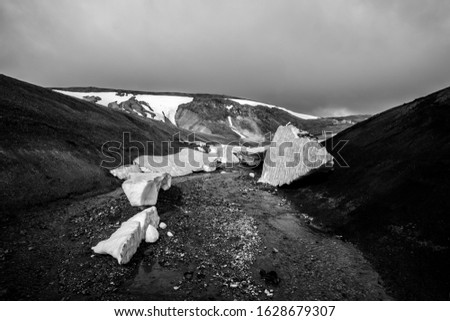 Wonderful landscape in Iceland (Europe) Travel to the reserve. Mountain river, snow, glacier. 