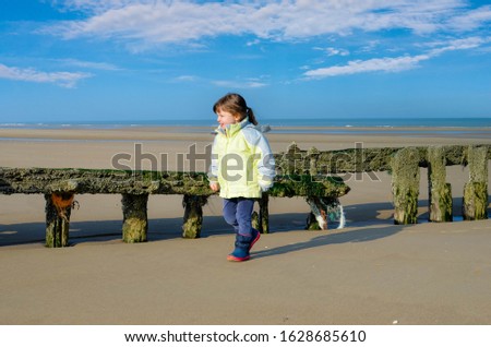 portrait of a very pretty little girl playing on the beach in winter