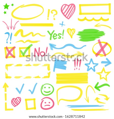 Set of highlighter marks, stripes, strokes, shaded speech bubbles and arrows. Highlighter marker design elements. Transparent colors.