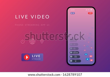 Mobile live streaming stories screen. Vector online video chat frame design, social media network post template. Story interface display mobile application mock up illustration Royalty-Free Stock Photo #1628789107