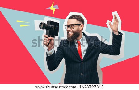 Filmmaker with a vintage lomo camera. Professional Videography. Man with beard in trendy formal suit. Collage in magazin style